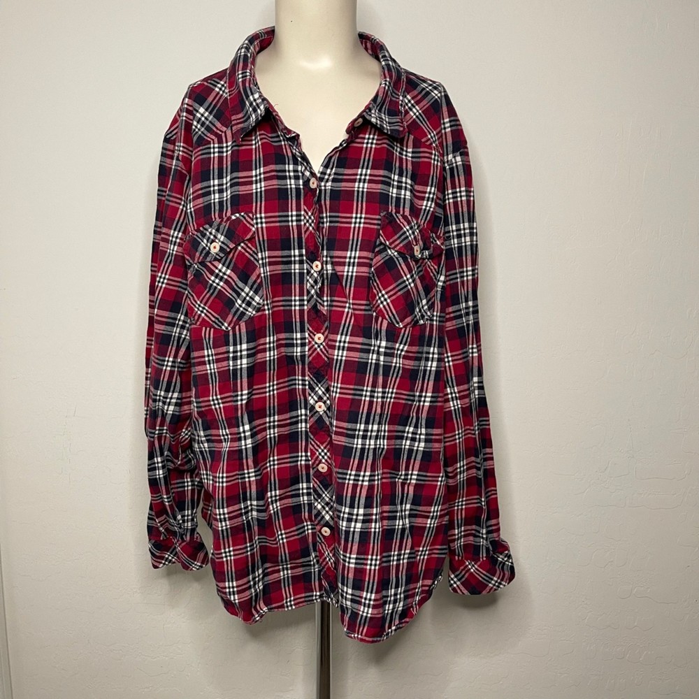 Torrid Red White Black Plaid Button Up Long Sleeve Shirt SIze 3X